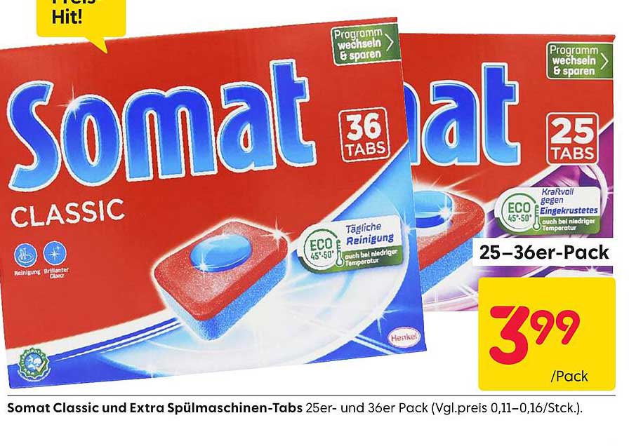 Somat Classic und Extra Spülmaschinen-Tabs 25er- und 36er Pack