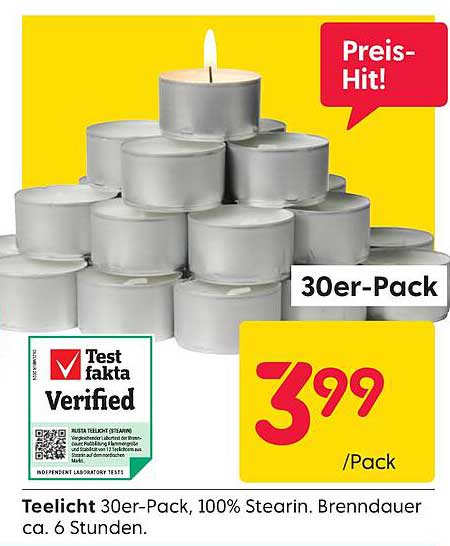 Teelicht 30er-Pack, 100% Stearin, Brenndauer ca. 6 Stunden