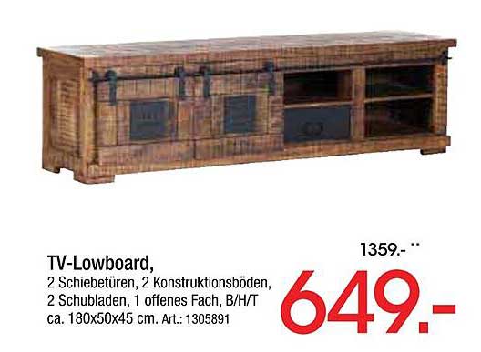 TV-Lowboard, 2 Schiebetüren, 2 Konstruktionsböden, 2 Schubladen, 1 offenes Fach, B/H/T ca. 180x50x45 cm.