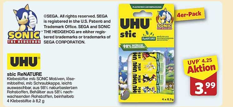 UHU stic ReNATURE - 4er-Pack mit Sonic-Motiven