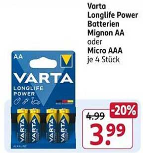 Varta Longlife Power Batterien Mignon AA oder Micro AAA je 4 Stück