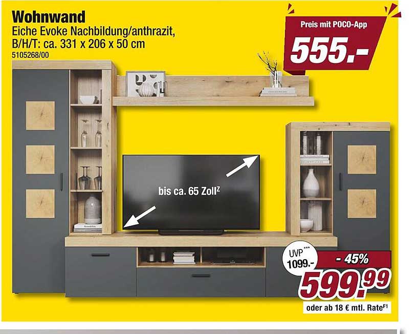 Wohnwand Eiche Evoke Nachbildung/anthrazit, B/H/T: ca. 331 x 206 x 50 cm
