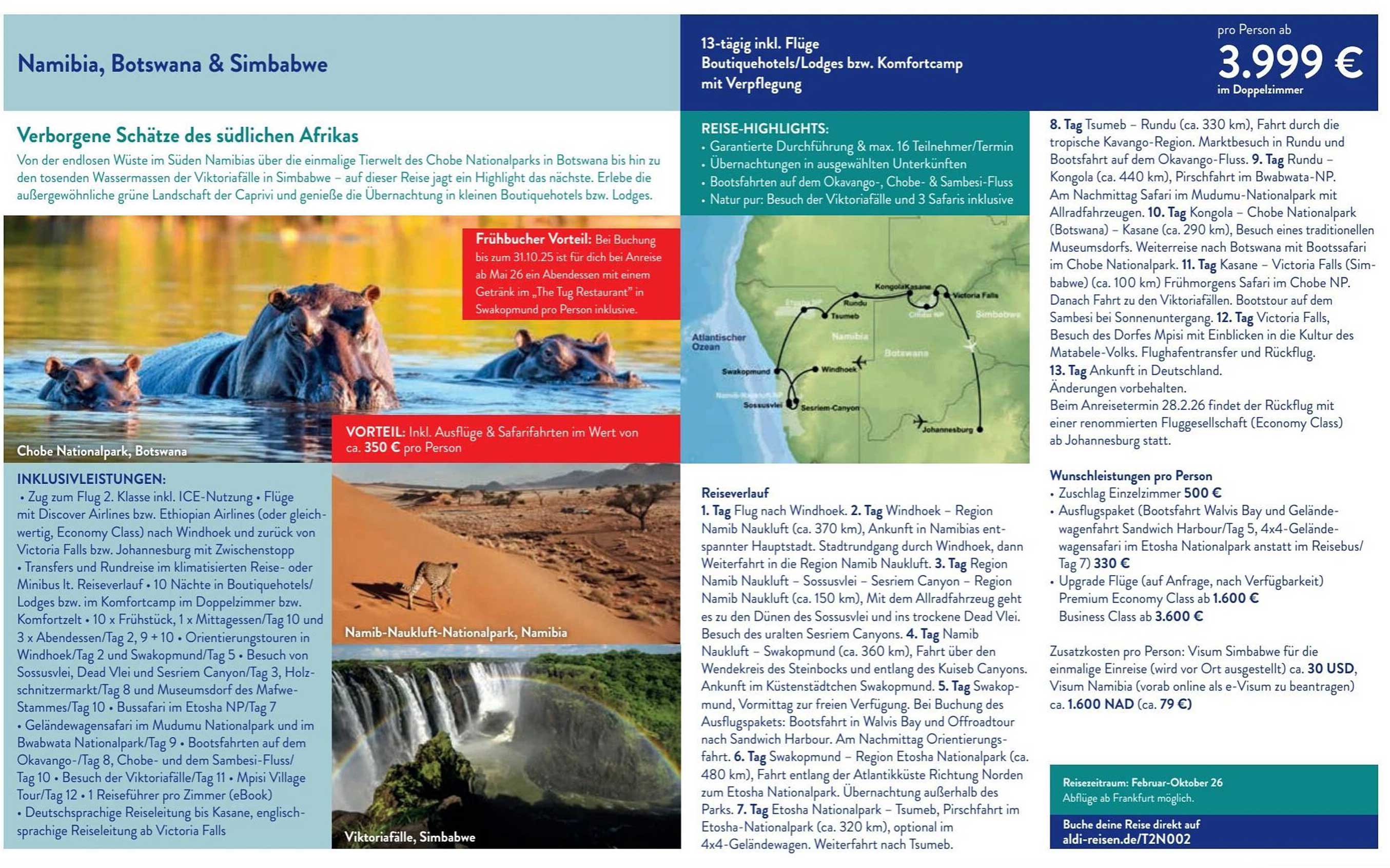 13-tägige Rundreise durch Namibia, Botswana & Simbabwe inkl. Flüge