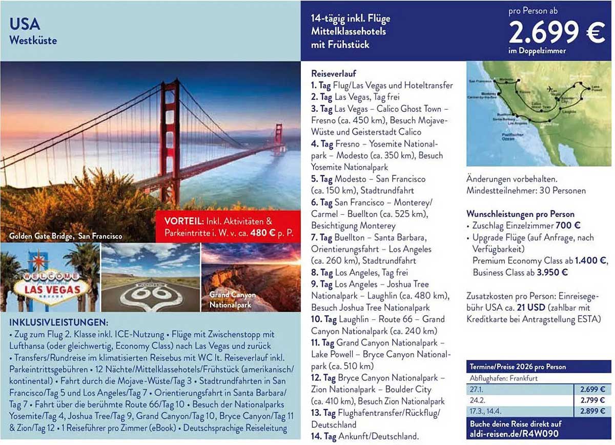 14-tägige Reise an die Westküste der USA inkl. Flüge, Mittelklassehotels und Frühstück