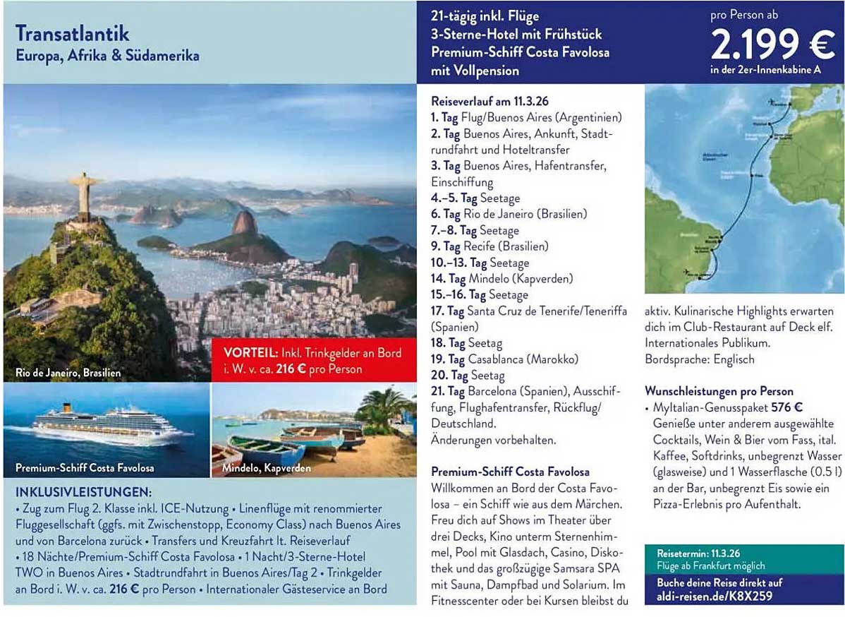21-tägige Transatlantik-Kreuzfahrt mit dem Premium-Schiff Costa Favolosa
