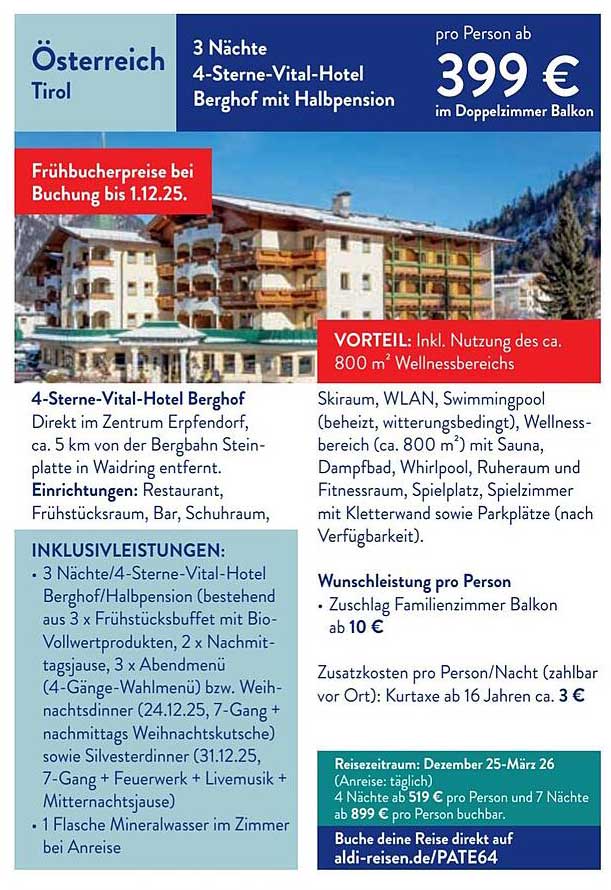 3 Nächte im 4-Sterne-Vital-Hotel Berghof mit Halbpension für 399 € pro Person