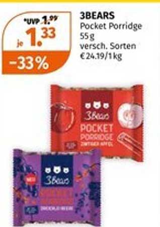 3BEARS Pocket Porridge 55g, verschiedene Sorten zu je 1,33 €