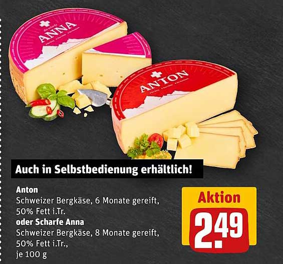 Anton oder Scharfe Anna Schweizer Bergkäse, 6 Monate gereift, 50% Fett i.Tr. oder 8 Monate gereift, 50% Fett i.Tr.