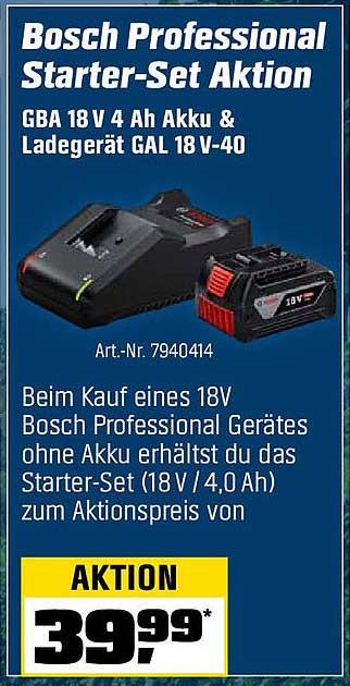 Bosch Professional Starter-Set Aktion: GBA 18 V 4 Ah Akku & Ladegerät GAL 18 V-40