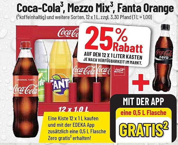 Coca-Cola, Mezzo Mix, Fanta Orange - 12 x 1 L Kasten mit 25% Rabatt