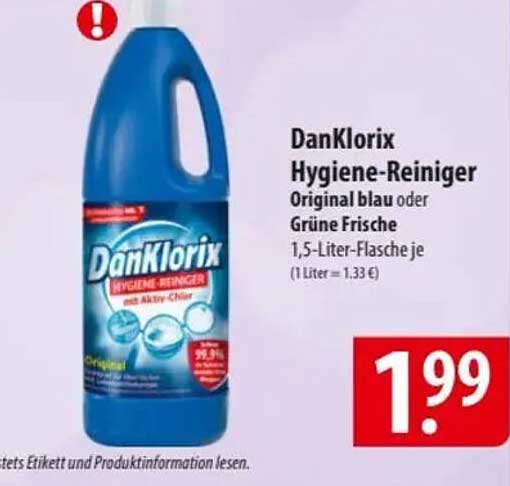 DanKlorix Hygiene-Reiniger Original blau oder Grüne Frische 1,5-Liter-Flasche