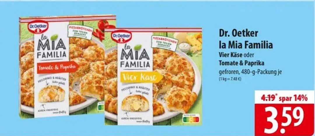 Dr. Oetker la Mia Familia Vier Käse oder Tomate & Paprika gefroren, 480-g-Packung je