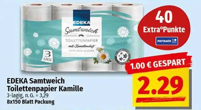 EDEKA Samtweich Toilettenpapier Kamille 8x150 Blatt Packung