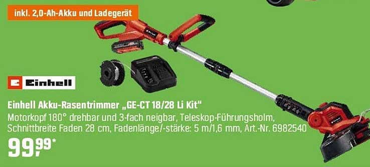 Einhell Akku-Rasentrimmer „GE-CT 18/28 Li Kit“ inkl. 2,0-Ah-Akku und Ladegerät