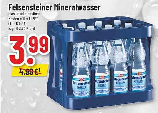 Felsensteiner Mineralwasser classic oder medium Kasten 12 x 1,1 PET