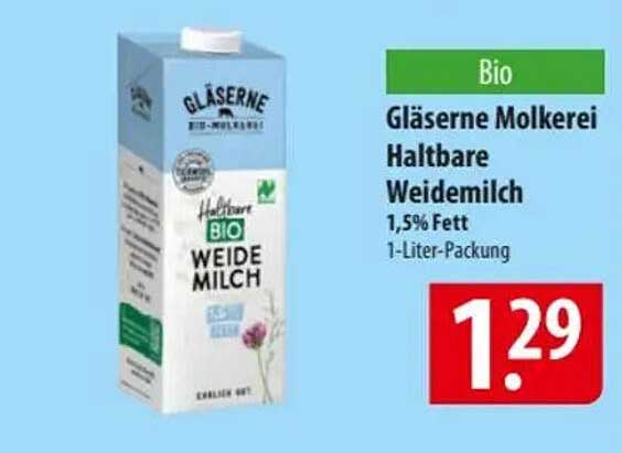 Gläserne Molkerei Haltbare Weidemilch 1,5% Fett 1-Liter-Packung