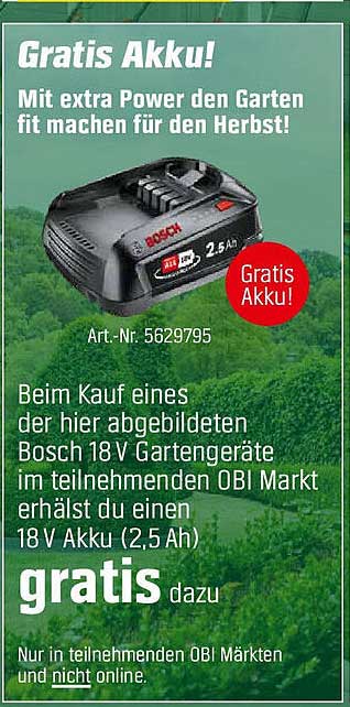 Gratis Akku! Beim Kauf eines Bosch 18 V Gartengeräts