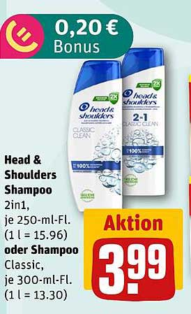 Head & Shoulders Shampoo 2in1, je 250-ml-Fl. oder Shampoo Classic, je 300-ml-Fl.