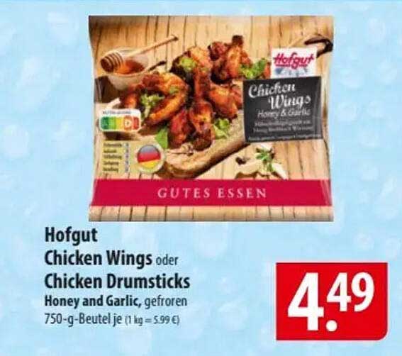 Hofgut Chicken Wings oder Chicken Drumsticks Honey and Garlic, gefroren