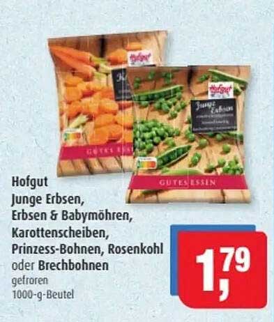 Hofgut Junge Erbsen, Erbsen & Baby-Möhren, Karottenscheiben, Prinzess-Bohnen, Rosenkohl oder Brechbohnen 1000-g-Beutel