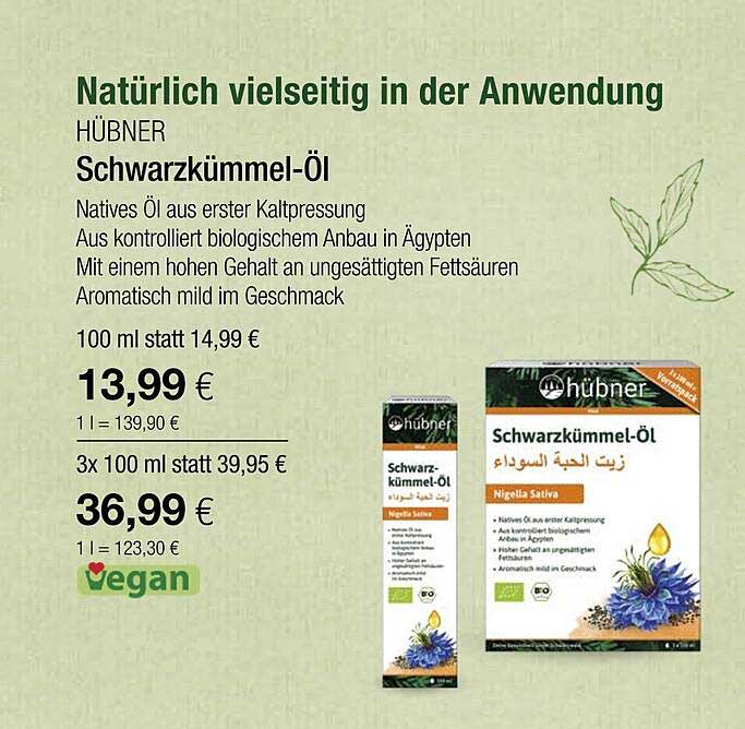 HÜBNER Schwarzkümmel-Öl - 100 ml für 13,99 € (statt 14,99 €)