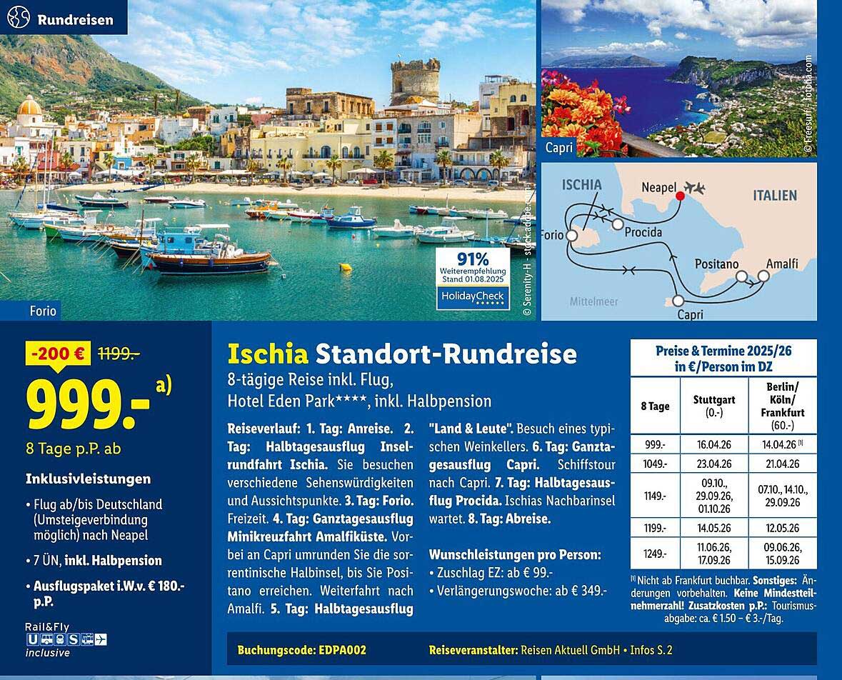 Ischia Standort-Rundreise – 8 Tage p.P. ab 999 €