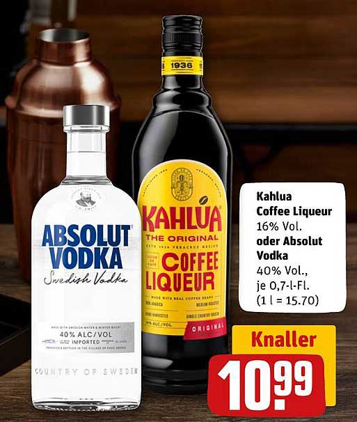 Kahlua Coffee Liqueur 16% Vol. oder Absolut Vodka 40% Vol.