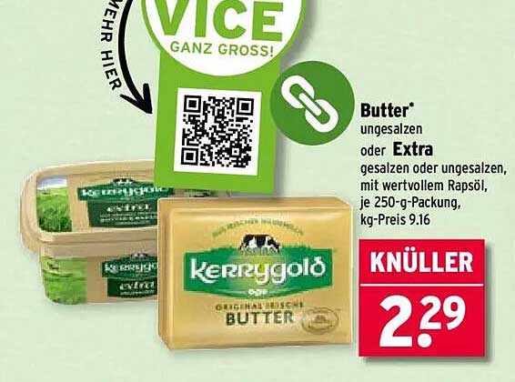Kerrygold Butter - ungesalzen oder Extra gesalzen 250-g-Packung