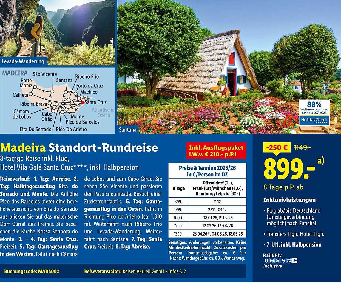 Madeira Standort-Rundreise 8-tägige Reise inkl. Flug und Halbpension