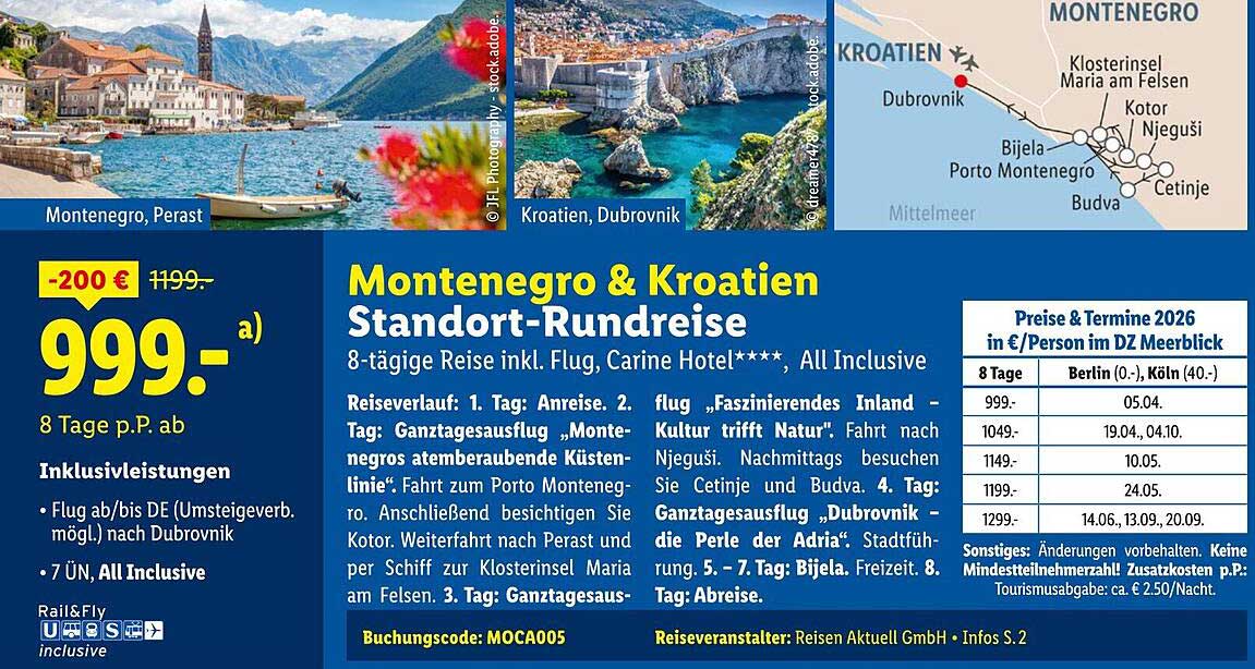 Montenegro & Kroatien Standort-Rundreise – 8-tägige Reise inkl. Flug, Carine Hotel****, All Inclusive