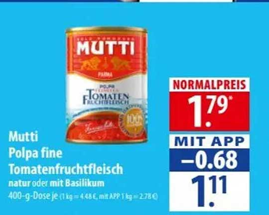 Mutti Polpa fine Tomatenfruchtfleisch, natur oder mit Basilikum, 400-g-Dose