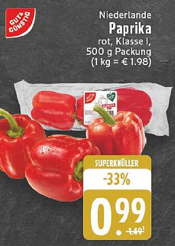 Niederlande Paprika rot, Klasse I, 500 g Packung