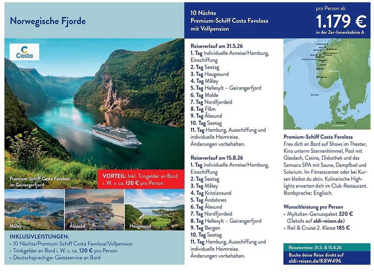 Norwegische Fjorde – 10 Nächte auf dem Premium-Schiff Costa Favolosa