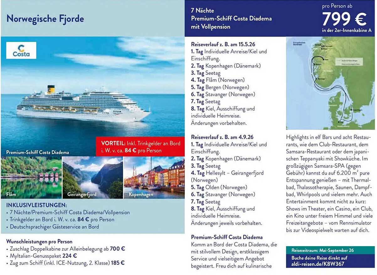 Norwegische Fjorde - 7 Nächte Premium-Schiff Costa Diadema mit Vollpension