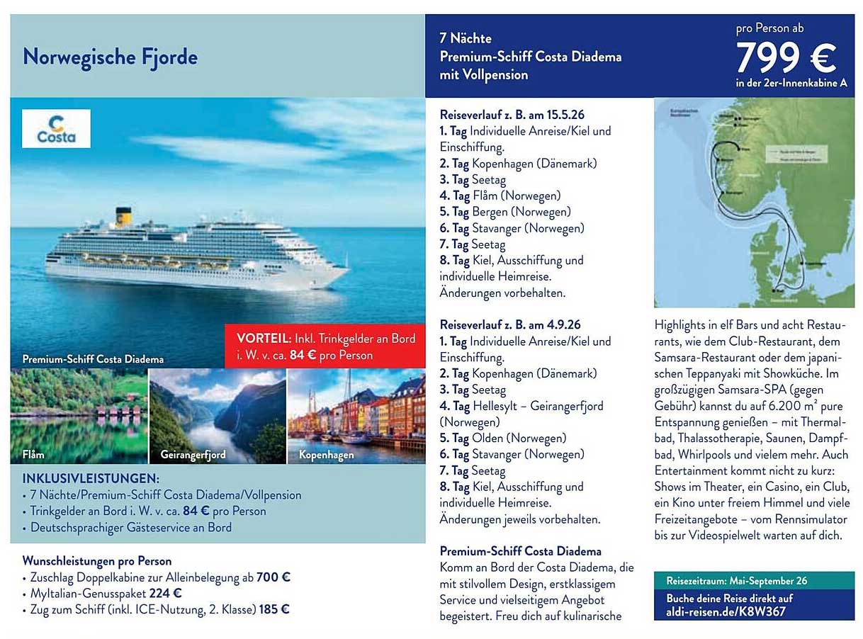 Norwegische Fjorde – 7 Nächte Premium-Schiff Costa Diadema mit Vollpension