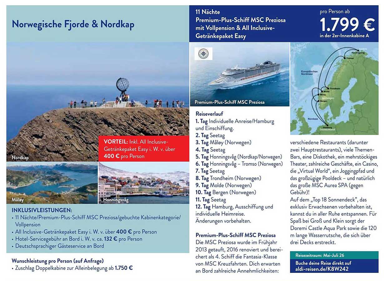 Norwegische Fjorde & Nordkap - 11 Nächte auf dem Premium-Plus-Schiff MSC Preziosa