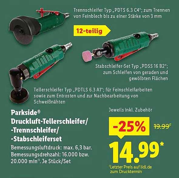 Parkside® Druckluft-Tellerscliifer/-Trennschleifer/-Stabschleifersetz 12-teilig
