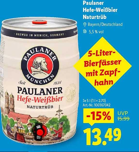 Paulaner Hefe-Weißbier Naturtrüb 5-Liter-Bierfass mit Zapfhahn