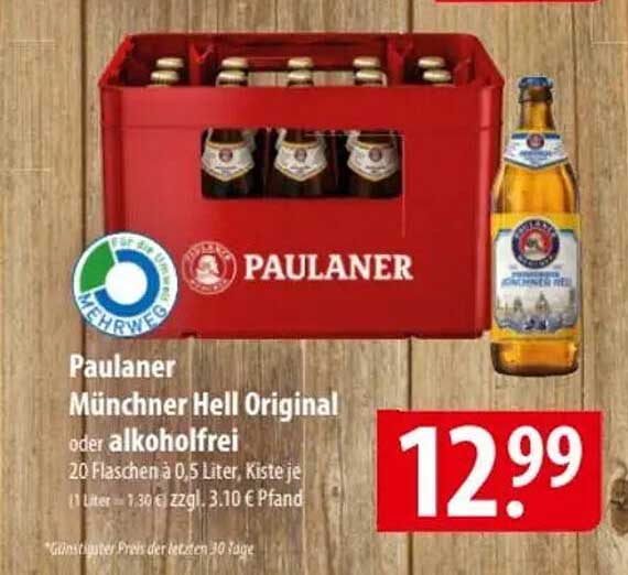Paulaner Münchner Hell Original oder alkoholfrei - 20 Flaschen à 0,5 Liter
