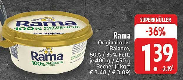 Rama Original oder Balance, 60% / 39% Fett, je 400 g / 450 g Becher
