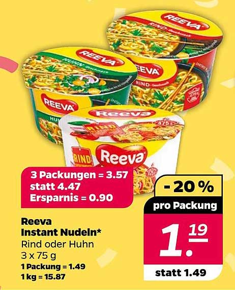 Reeva Instant Nudeln Rind oder Huhn 3 x 75 g
