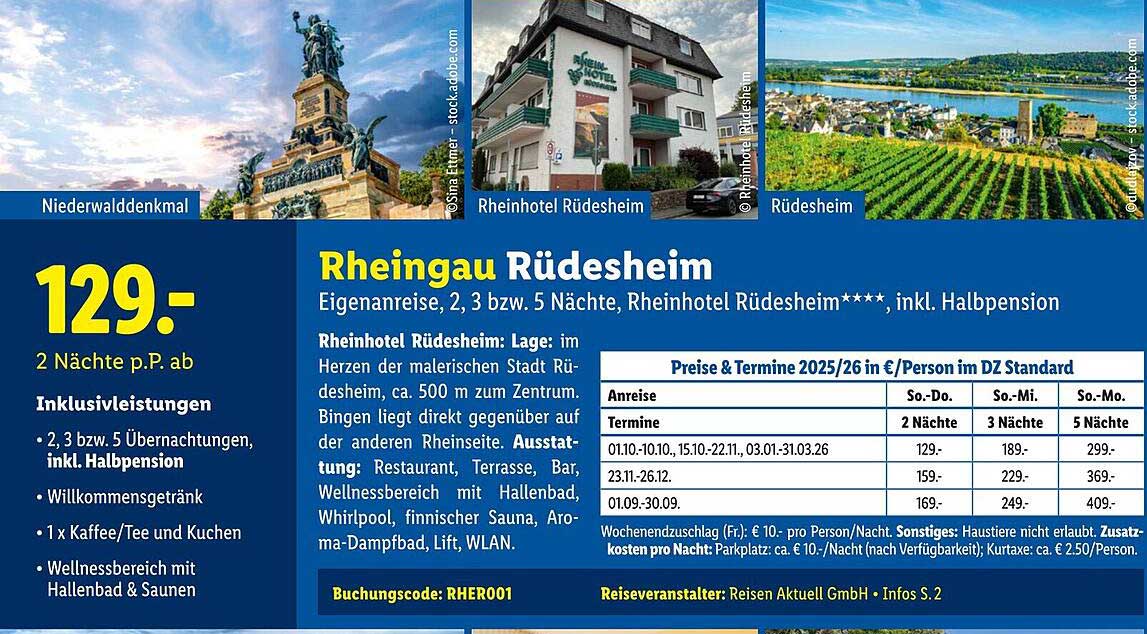 Rheingau Rüdesheim Eigenreise, 2, 3 bzw. 5 Nächte, Rheinhotel Rüdesheim****, inkl. Halbpension