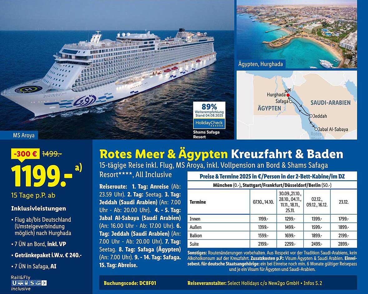 Rotes Meer & Ägypten Kreuzfahrt & Baden - 15-tägige Reise inkl. Flug, MS Aroya, All Inclusive