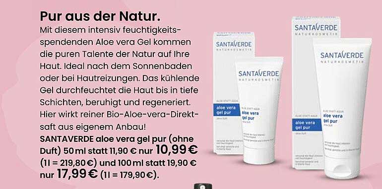 SANTAVERDE aloe vera gel pur 50 ml für 10,99 € (statt 11,90 €)