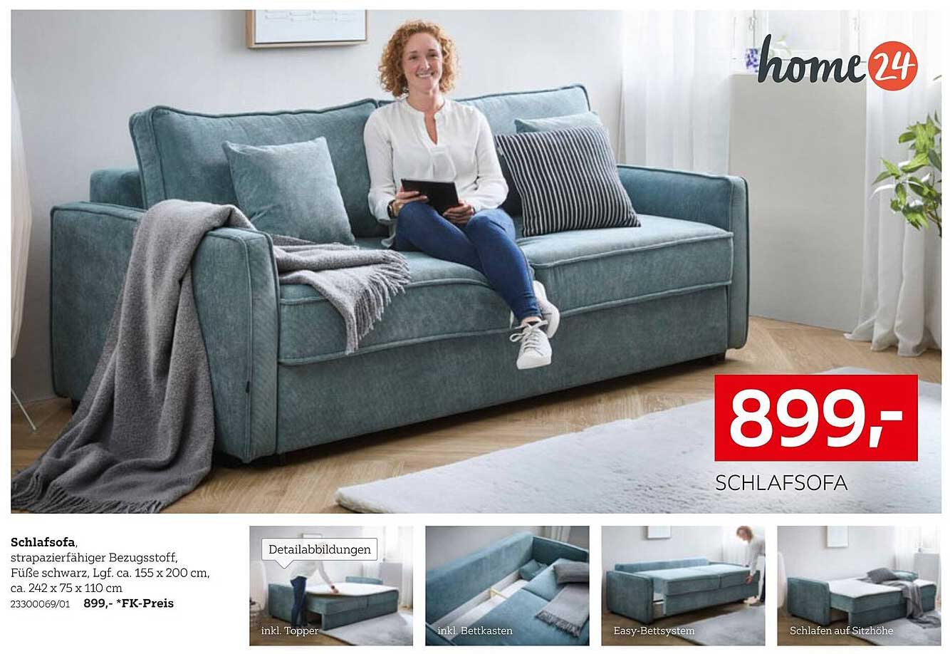 Schlafsofa, strapazierfähiger Bezugsstoff, Füße schwarz, Lgf. ca. 155 x 200 cm, ca. 242 x 75 x 110 cm