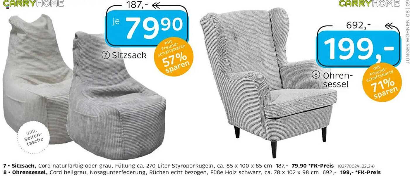 Sitzsack - Cord naturfarbig oder grau