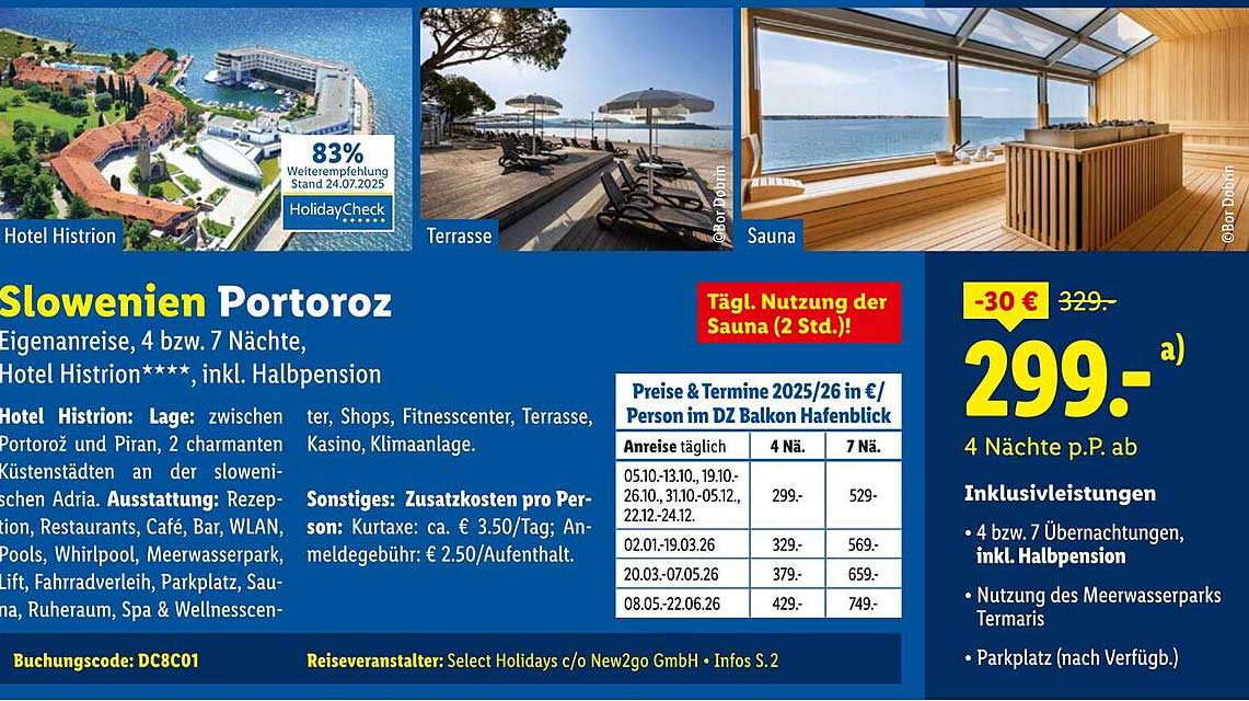Slovenien Portorož – 4 Nächte im Hotel Histrion**** mit Halbpension