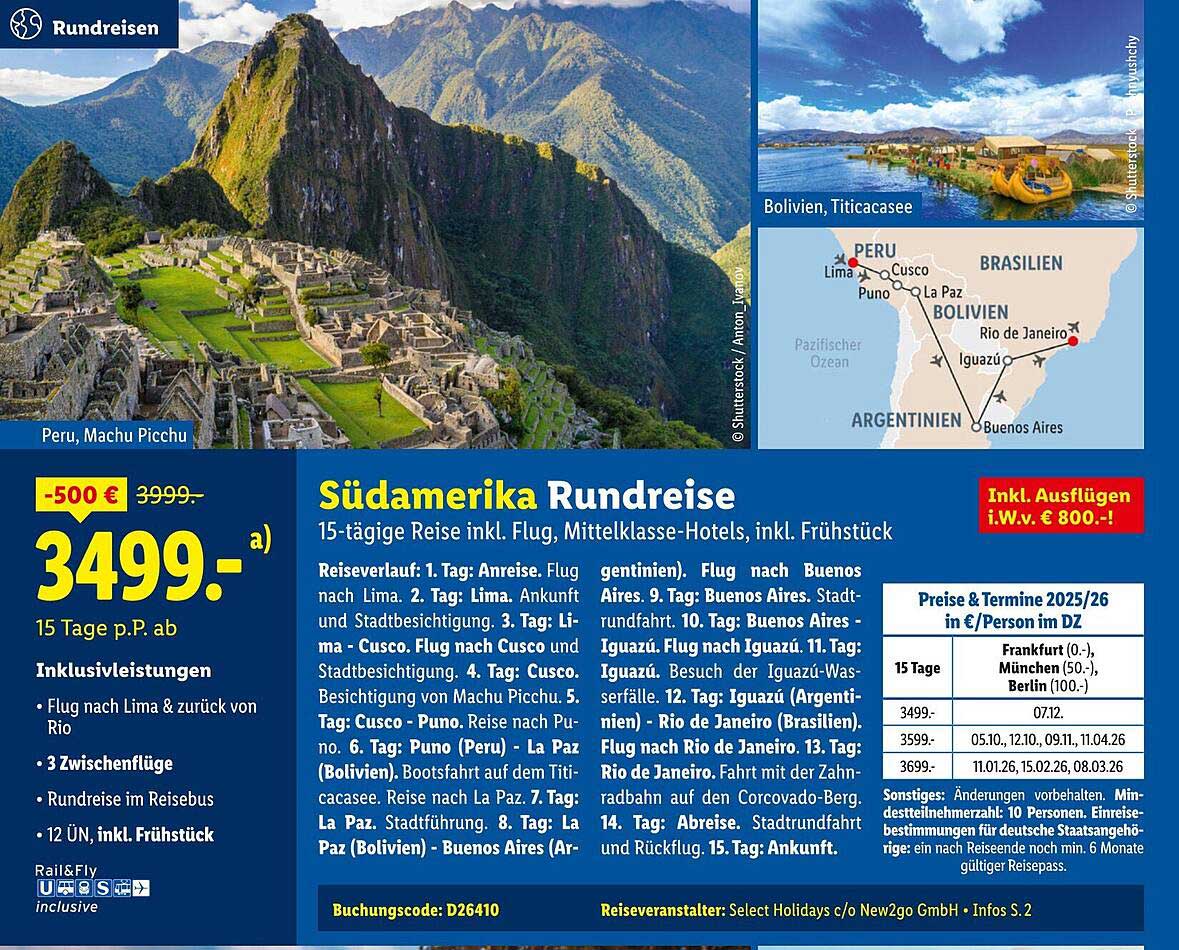 Südamerika Rundreise - 15-tägige Reise inkl. Flug, Mittelklasse-Hotels und Frühstück