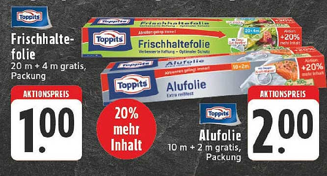 Toppits Frischhaltefolie 20 m + 4 m gratis und Toppits Alufolie 10 m + 2 m gratis