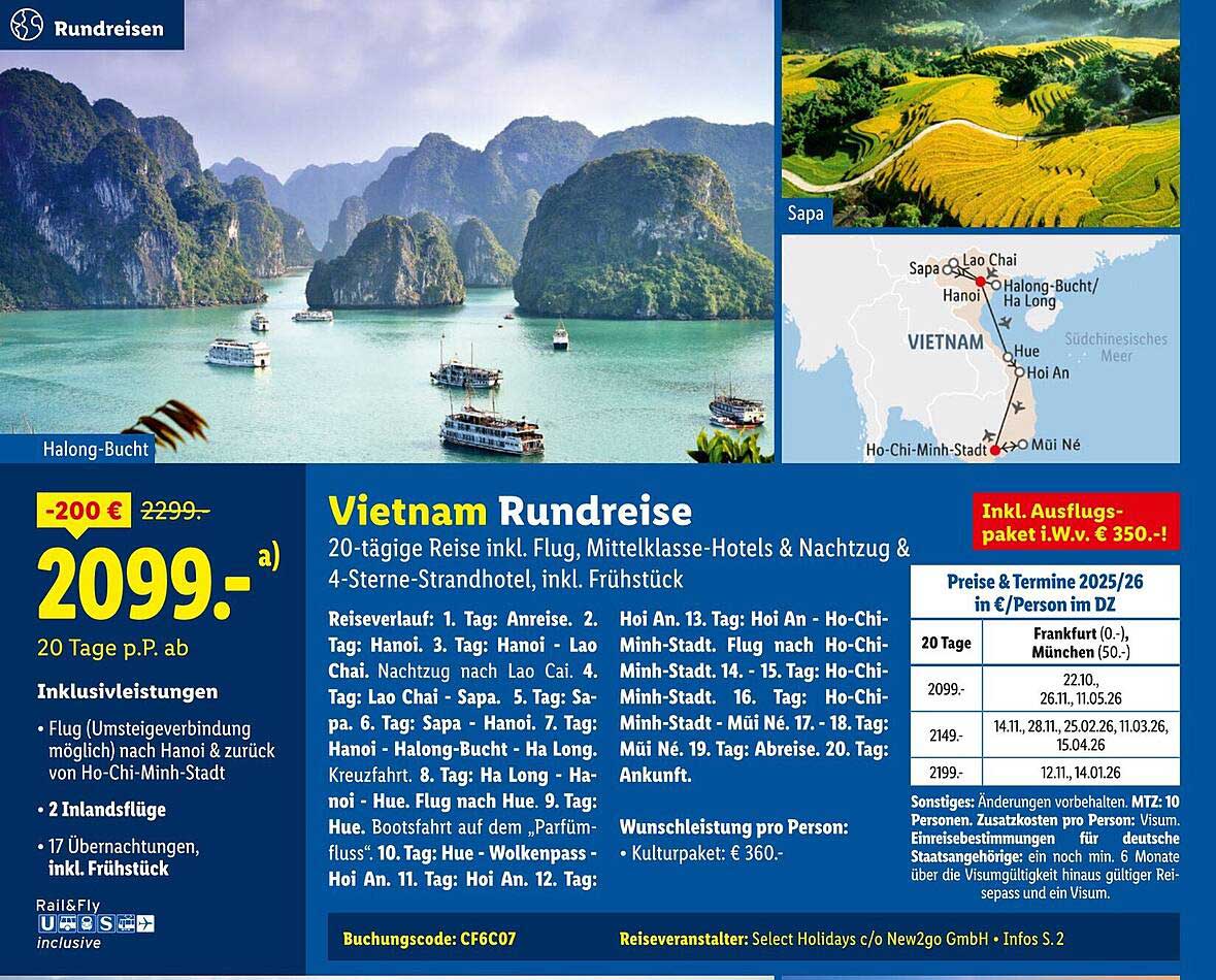 Vietnam Rundreise - 20-tägige Reise inkl. Flug, Mittelklasse-Hotels, Nachtzug & 4-Sterne-Strandhotel, inkl. Frühstück